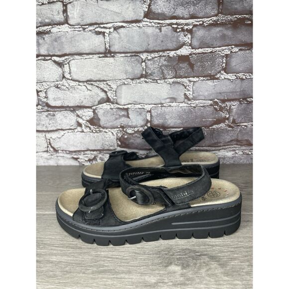 Mobils Mephisto Black Synthetic Ankle Strap Wedge Sandals Women Sz 39EU/8.5M US - Picture 1 of 16